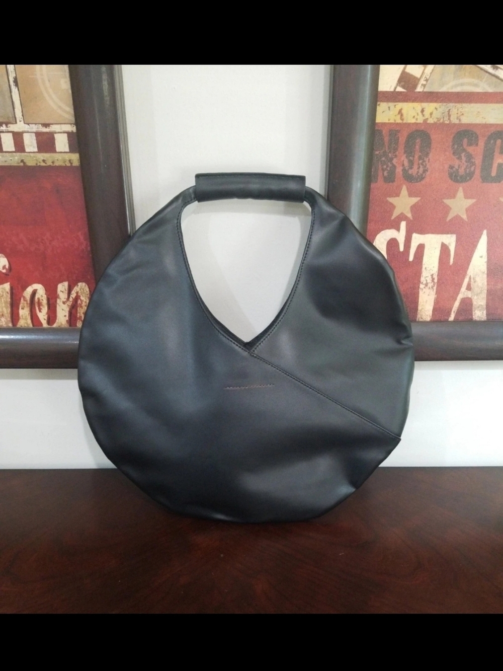Classic Black Round Leatherette Tote Bag
